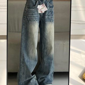 High-Waisted Water-Washed Lightning Pattern Wide-Leg Jeans for Women - Loose-Fitting Summer Fashion, Slimming Straight-Leg Style