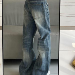 High-Waisted Water-Washed Lightning Pattern Wide-Leg Jeans for Women - Loose-Fitting Summer Fashion, Slimming Straight-Leg Style