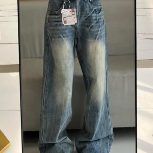 High-Waisted Water-Washed Lightning Pattern Wide-Leg Jeans for Women - Loose-Fitting Summer Fashion, Slimming Straight-Leg Style