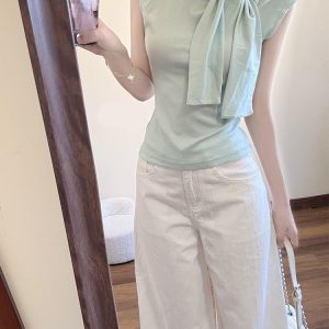 High-Waisted White Draped Jeans for Women - 2025 Summer Loose Wide-Leg Pants Flattering for Pear-Shaped Figures