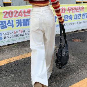 High-Waisted White Flared Wide-Leg Jeans for Women - 2025 Spring Slim Fit Loose Straight Pants, Trendy Casual Style