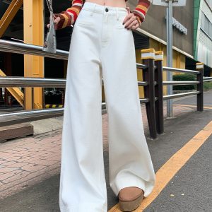 High-Waisted White Flared Wide-Leg Jeans for Women - 2025 Spring Slim Fit Loose Straight Pants, Trendy Casual Style