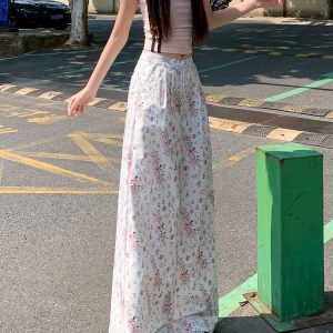High-Waisted White Floral Pleated Casual Pants for Women - Slimming Loose Draped Wide-Leg Summer 2025 Fashion