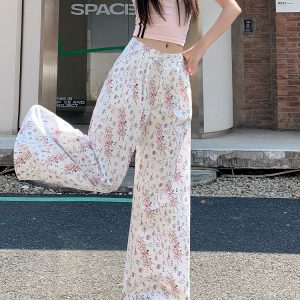 High-Waisted White Floral Pleated Casual Pants for Women - Slimming Loose Draped Wide-Leg Summer 2025 Fashion