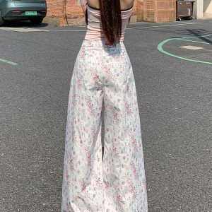 High-Waisted White Floral Pleated Casual Pants for Women - Slimming Loose Draped Wide-Leg Summer 2025 Fashion
