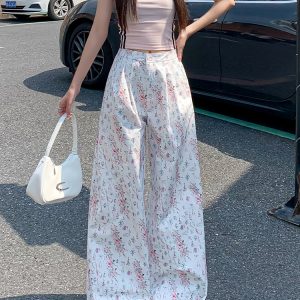 High-Waisted White Floral Pleated Casual Pants for Women - Slimming Loose Draped Wide-Leg Summer 2025 Fashion