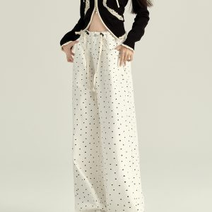 High-Waisted White Floral Polka Dot Flared Denim Pants for Women - Loose Wide-Leg Design for Spring and Autumn 2025