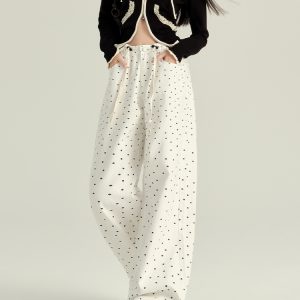High-Waisted White Floral Polka Dot Flared Denim Pants for Women - Loose Wide-Leg Design for Spring and Autumn 2025