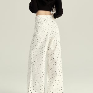 High-Waisted White Floral Polka Dot Flared Denim Pants for Women - Loose Wide-Leg Design for Spring and Autumn 2025