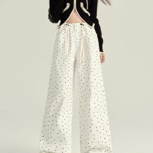 High-Waisted White Floral Polka Dot Flared Denim Pants for Women - Loose Wide-Leg Design for Spring and Autumn 2025
