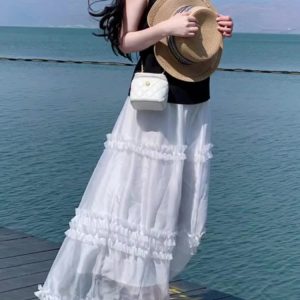 High-Waisted White Midi Skirt for Women - French Style A-Line Umbrella Skirt for Summer 2025, Elegant and Versatile Fashion Essential