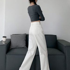 High-Waisted White Straight-Leg Jeans for Women - Plush Loose Wide-Leg Pants for Petite Sizes - 2024 Autumn Winter Fashion