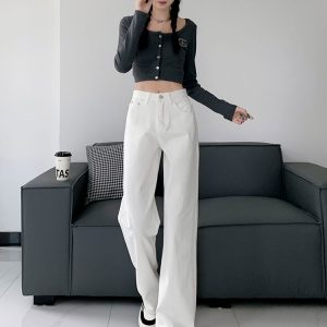 High-Waisted White Straight-Leg Jeans for Women - Plush Loose Wide-Leg Pants for Petite Sizes - 2024 Autumn Winter Fashion