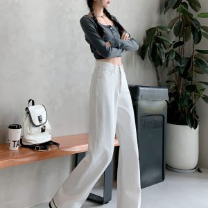 High-Waisted White Straight-Leg Jeans for Women - Plush Loose Wide-Leg Pants for Petite Sizes - 2024 Autumn Winter Fashion