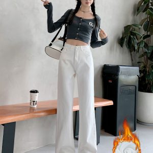 High-Waisted White Straight-Leg Jeans for Women - Plush Loose Wide-Leg Pants for Petite Sizes - 2024 Autumn Winter Fashion