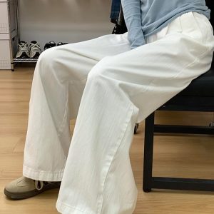 High-Waisted White Textured Wide-Leg Jeans for Women - Loose-Fitting, Slimming Casual Summer Pants, Versatile Straight-Leg Style