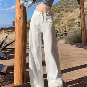 High-Waisted White Wide-Leg Jeans for Women - Fleece-Lined, Loose-Fitting, Autumn Winter Street Style, Floor-Length Straight Pants