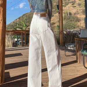 High-Waisted White Wide-Leg Jeans for Women - Fleece-Lined, Loose-Fitting, Autumn Winter Street Style, Floor-Length Straight Pants