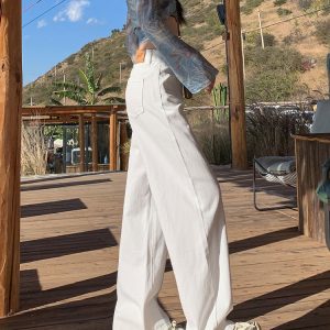 High-Waisted White Wide-Leg Jeans for Women - Fleece-Lined, Loose-Fitting, Autumn Winter Street Style, Floor-Length Straight Pants