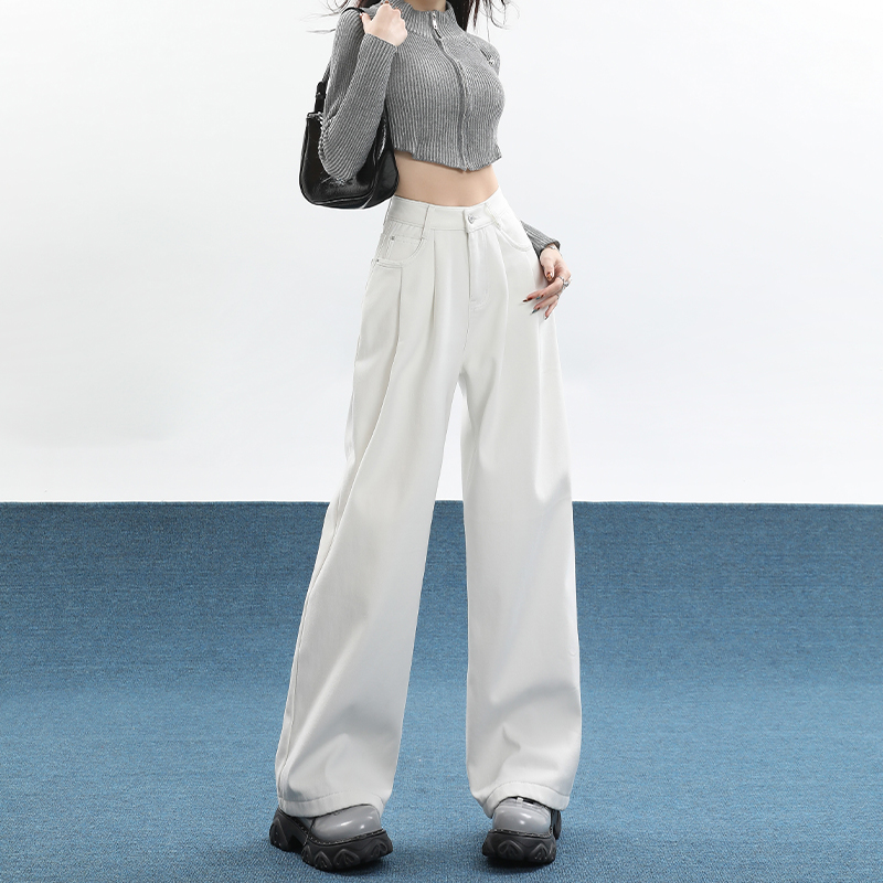 High-Waisted White Wide-Leg Jeans for Women, Pleated, Loose Straight-Leg, 2024 American Style, Floor-Length Fashion Pants