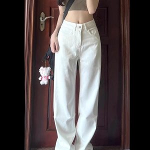 High-Waisted White Wide-Leg Jeans for Women, Slimming Loose Fit Summer Trend, Korean Style Straight-Leg Pants