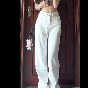 High-Waisted White Wide-Leg Jeans for Women, Slimming Loose Fit Summer Trend, Korean Style Straight-Leg Pants