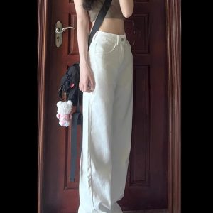 High-Waisted White Wide-Leg Jeans for Women, Slimming Loose Fit Summer Trend, Korean Style Straight-Leg Pants