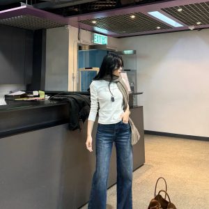High-Waisted Wide-Leg Deep Blue Washed Denim Pants - Flattering Cut for Effortless Style, Perfect for Y2K and Casual Looks