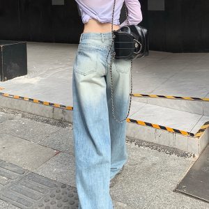 High-Waisted Wide-Leg Jeans for Women - American Retro Style, Versatile Spring 2025 Washed Straight-Leg Pants