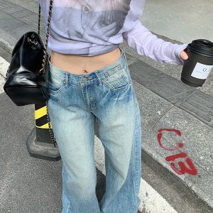 High-Waisted Wide-Leg Jeans for Women - American Retro Style, Versatile Spring 2025 Washed Straight-Leg Pants