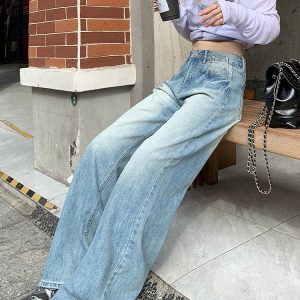 High-Waisted Wide-Leg Jeans for Women - American Retro Style, Versatile Spring 2025 Washed Straight-Leg Pants