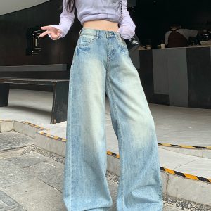 High-Waisted Wide-Leg Jeans for Women - American Retro Style, Versatile Spring 2025 Washed Straight-Leg Pants