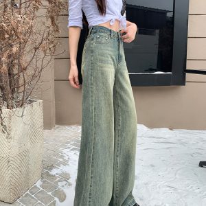 High-Waisted Wide-Leg Jeans for Women, American Retro Style, Fleece-Lined, Distressed Design, Loose Slimming Fit, Floor-Length, 2024 Autumn Winter