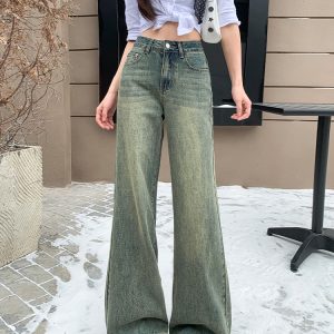 High-Waisted Wide-Leg Jeans for Women, American Retro Style, Fleece-Lined, Distressed Design, Loose Slimming Fit, Floor-Length, 2024 Autumn Winter