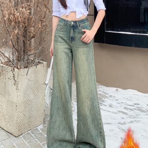 High-Waisted Wide-Leg Jeans for Women, American Retro Style, Fleece-Lined, Distressed Design, Loose Slimming Fit, Floor-Length, 2024 Autumn Winter