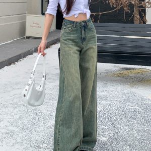 High-Waisted Wide-Leg Jeans for Women, American Retro Style, Fleece-Lined, Distressed Design, Loose Slimming Fit, Floor-Length, 2024 Autumn Winter