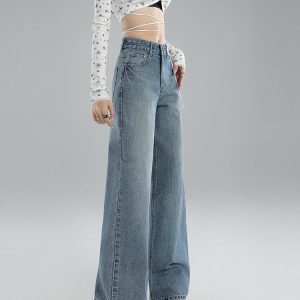 High-Waisted Wide-Leg Jeans for Women, Vintage Straight-Leg Design, 2025 Spring Fashion, American Street Style, Floor-Length Fit