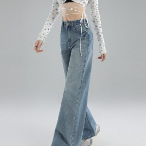 High-Waisted Wide-Leg Jeans for Women, Vintage Straight-Leg Design, 2025 Spring Fashion, American Street Style, Floor-Length Fit
