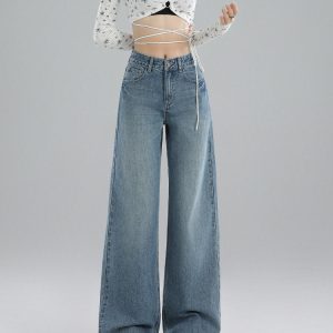 High-Waisted Wide-Leg Jeans for Women, Vintage Straight-Leg Design, 2025 Spring Fashion, American Street Style, Floor-Length Fit