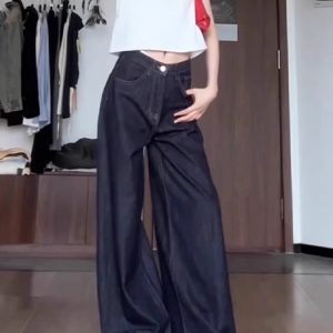 High-Waisted Wide-Leg Tencel Jeans for Women - Denim Blue Slimming Straight Pants with Draping Effect, Summer Style