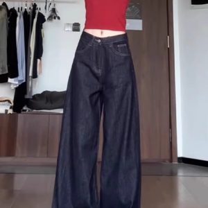 High-Waisted Wide-Leg Tencel Jeans for Women - Denim Blue Slimming Straight Pants with Draping Effect, Summer Style