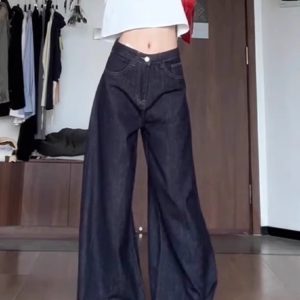 High-Waisted Wide-Leg Tencel Jeans for Women - Denim Blue Slimming Straight Pants with Draping Effect, Summer Style