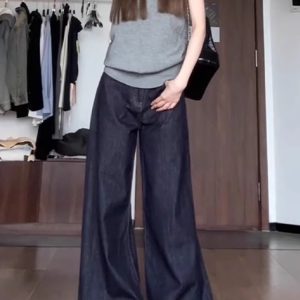High-Waisted Wide-Leg Tencel Jeans for Women - Denim Blue Slimming Straight Pants with Draping Effect, Summer Style
