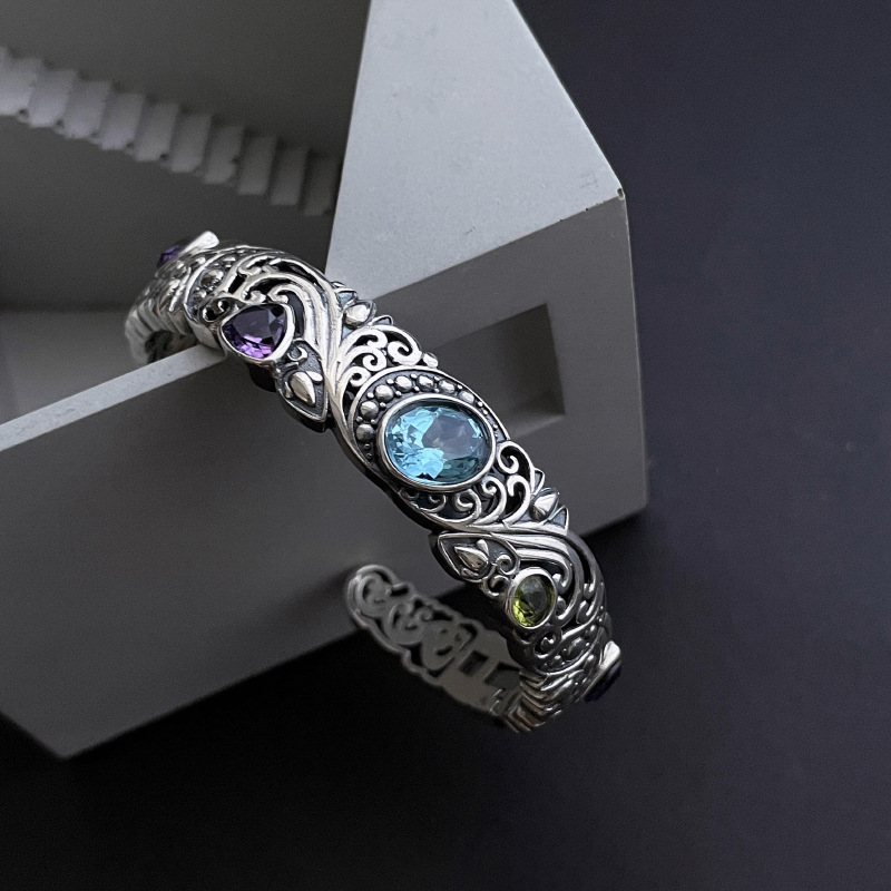 Hollow Carved Blue Topaz Bracelet for Women - Vintage Retro 2025 High-End Jewelry, Exquisite Versatile Design