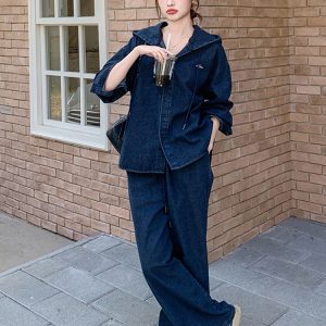 Hooded Denim Jacket and Wide-Leg Pants Two-Piece Set for Women, Trendy Korean Style, Spring 2025, Loose Fit, Slimming Outfit