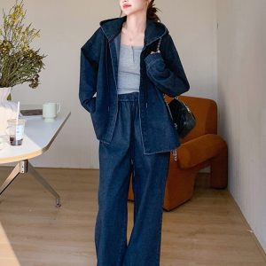 Hooded Denim Jacket and Wide-Leg Pants Two-Piece Set for Women, Trendy Korean Style, Spring 2025, Loose Fit, Slimming Outfit