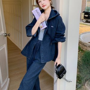 Hooded Denim Jacket and Wide-Leg Pants Two-Piece Set for Women, Trendy Korean Style, Spring 2025, Loose Fit, Slimming Outfit