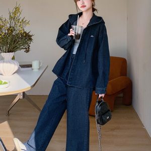 Hooded Denim Jacket and Wide-Leg Pants Two-Piece Set for Women, Trendy Korean Style, Spring 2025, Loose Fit, Slimming Outfit