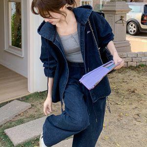 Hooded Denim Jacket and Wide-Leg Pants Two-Piece Set for Women, Trendy Korean Style, Spring 2025, Loose Fit, Slimming Outfit
