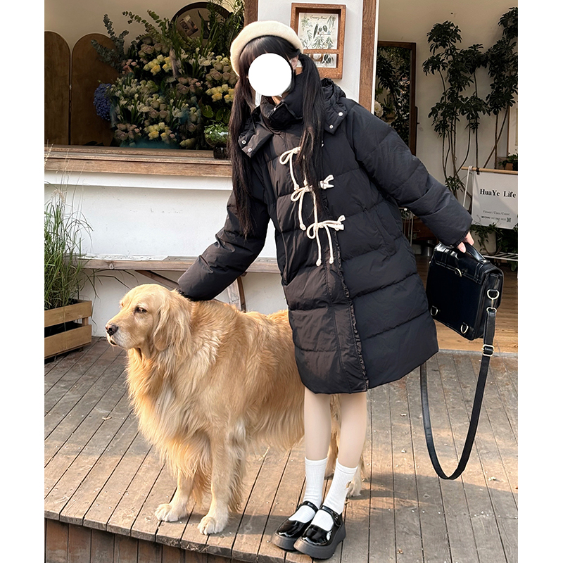 Hooded Loose Fit Long Down Jacket with Horn Buttons, Thick Slimming White Duck Down Coat, Straight Cut, Pudding Bear JK Style